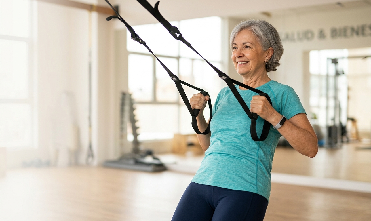 Mujer mayor entrenando en un gimnasio, salud y bienestar